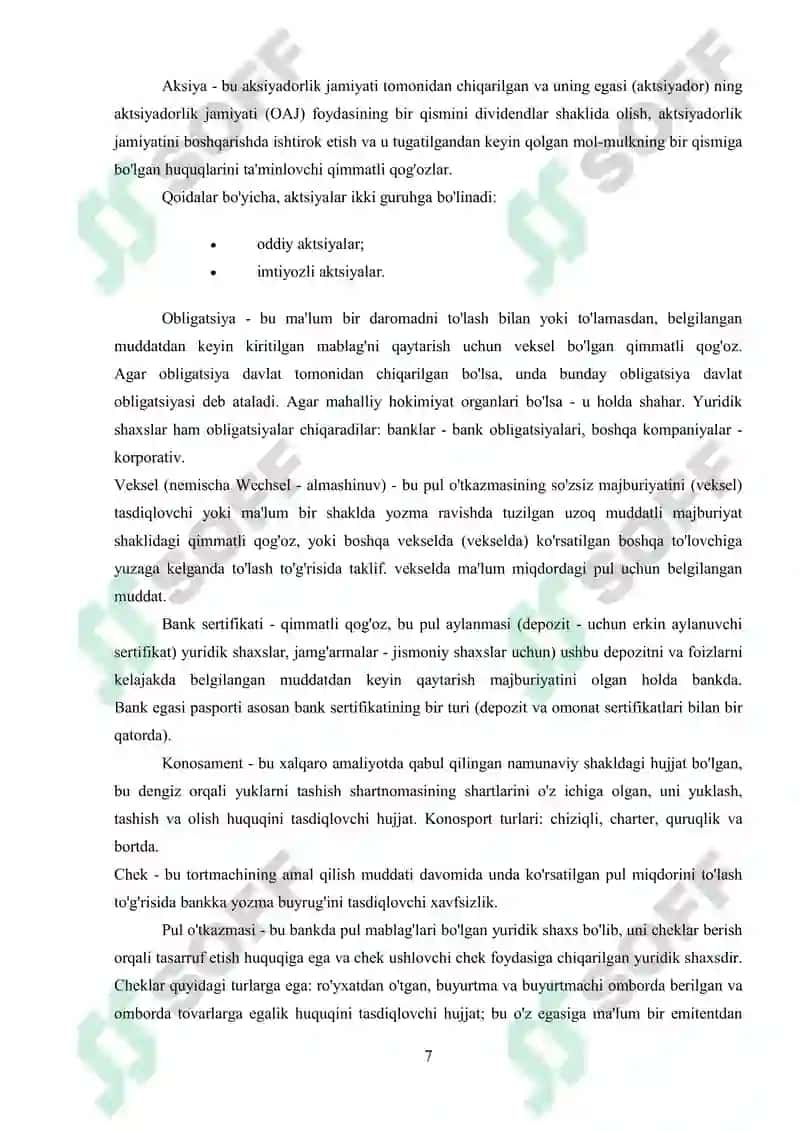 Qimmatli Qog’ozlar va Ularning Amal Qilishi 7