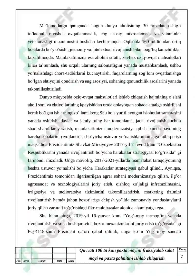 Quvvati 100 tn kun paxta moyini fraksiyalab salat moyi va paxta palmitini ishlab chiqarish texnologiyasi 7