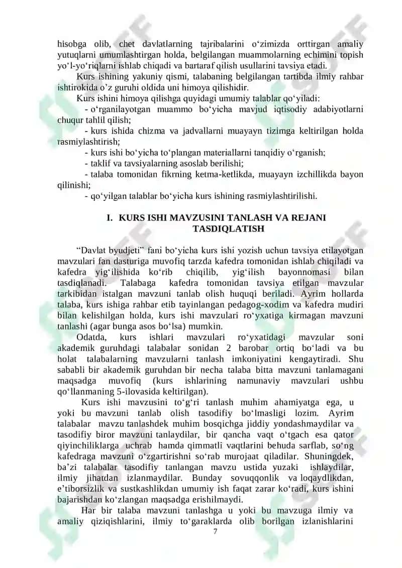 Davlat byudjeti fanidan kurs ishini bajarish boʻyicha uslubiy qoʻllanma 7