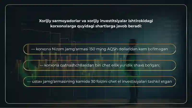 Xorijiy sarmoyadorlar va xorijiy investitsiyalar ishtirokidagi korxonalarga soliq va bojxona imtiyozlari 7