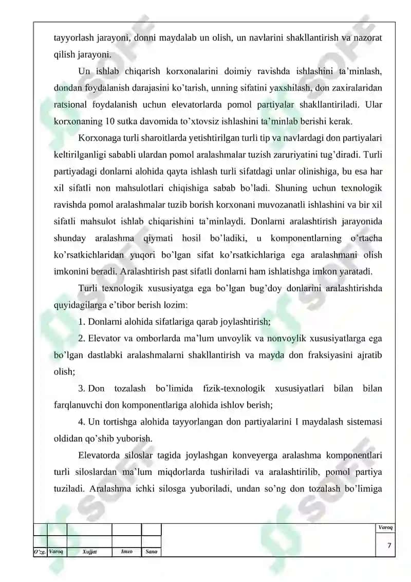 Tegirmonning quvvati 200 t/kun bo’lgan I- navli 75% li un ishlab chiqarish texnologiyasi. (triyer uskunasi) mavzusidagi bitiruv malakaviy ishining 7