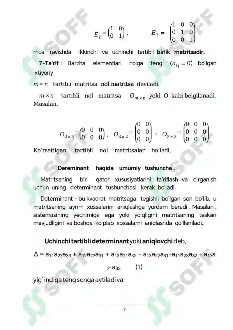 Teskari matritsa va determinanat mavzusida kurs ishi 7