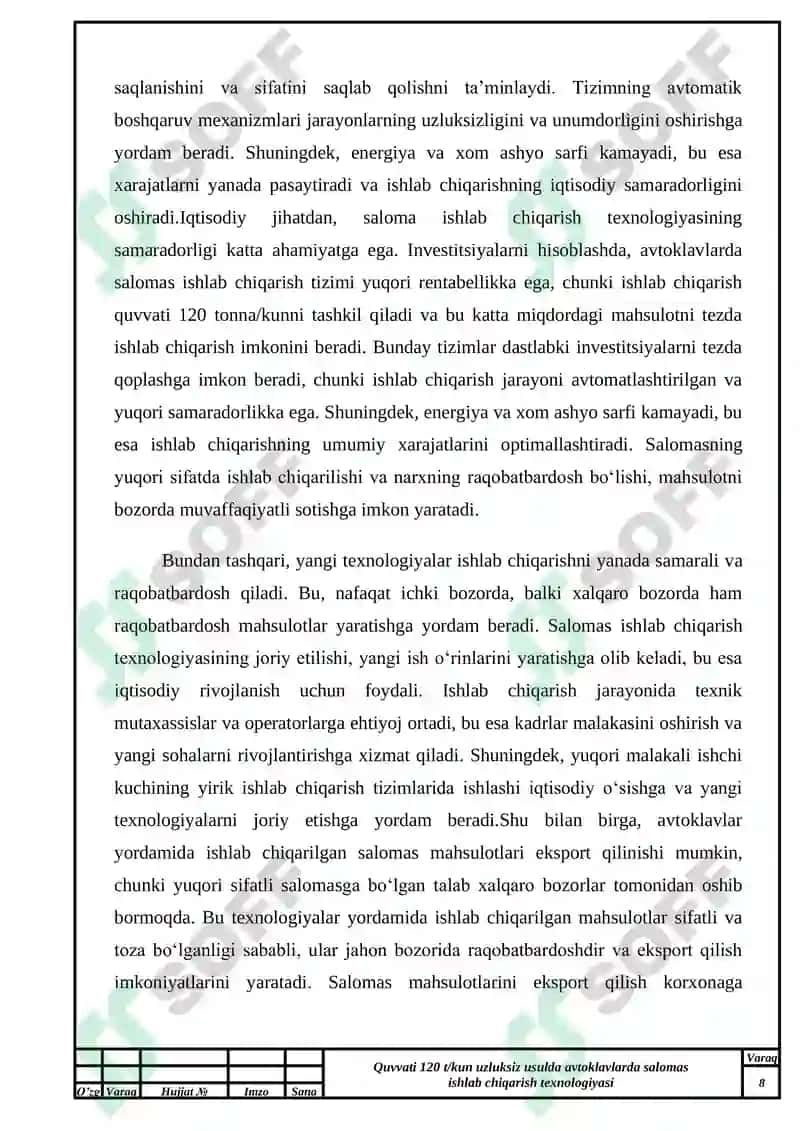 Quvvati 120 t/kun uzluksiz usulda avtoklavlarda salomas ishlab chiqarish texnologiyasi mavzusidagi 7