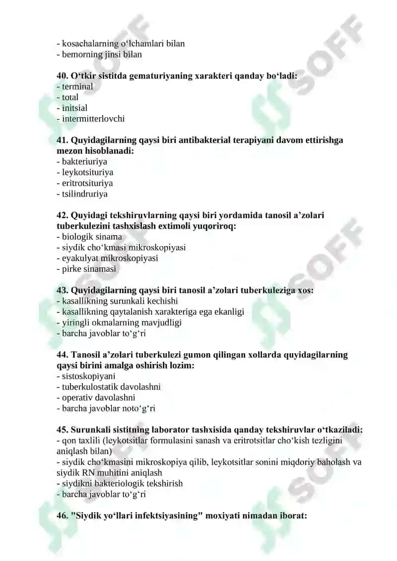 Andrologiya va seksopatologiya mutaxassisligi test savollari 7