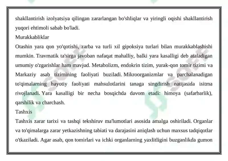 O'Q OTAR JAROHATLARDA ICHKI A'ZOLAR KASALIKLARINING PAYDO BO'LISHI. KECHISHI VA DIAGNOSTIKASI 7