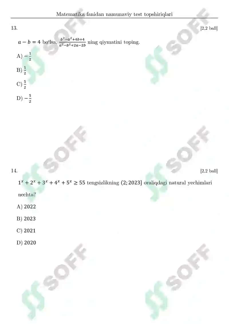 DTM testlari va javoblari matematika fanidan 7