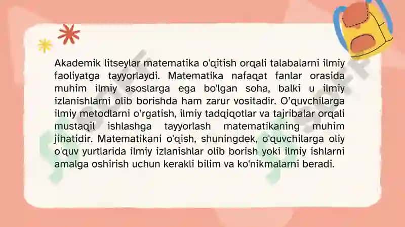 Akademik litseylarning aniq fanlar yo’nalishidagi guruhlarida matematika o’qitishning maqsadi, vazifalari va metodik xususiyatlari 7