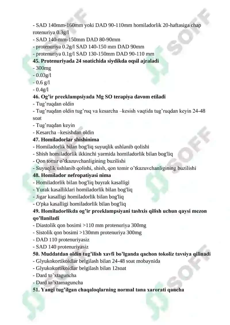 AKUSHERLIK ISHI MUTAXASSISLIGI BO’YICHA SHAKLLANTIRILGAN TEST SAVOLLARI RO’YXATI 7