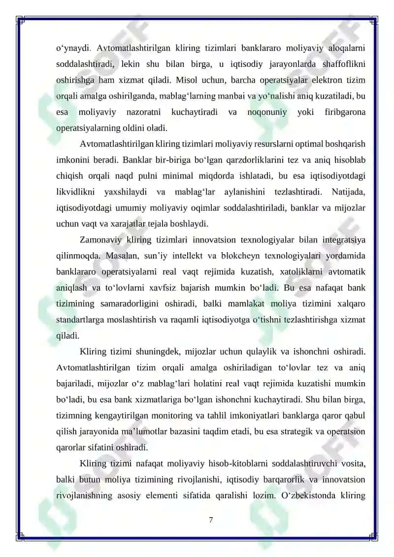 O’zbekistonda avtomatlashtirilgan kliring tizimlarini rivojlantirish yo‘llari 7