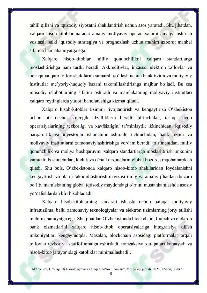 O‘zbekistonda xalqaro hisob-kitob shakllaridan foydalanishni kengaytirish 8