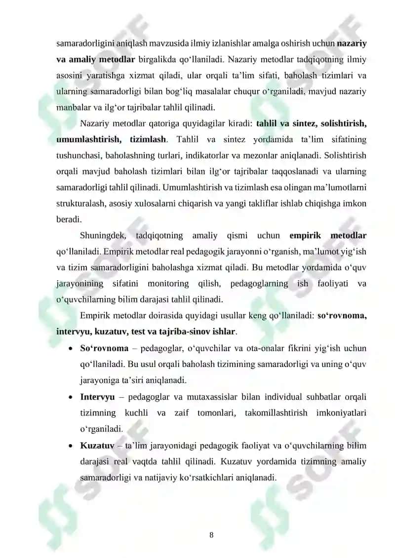 Ta’lim sifatini baholash tizimini loyihalash va uning samaradorligi 8