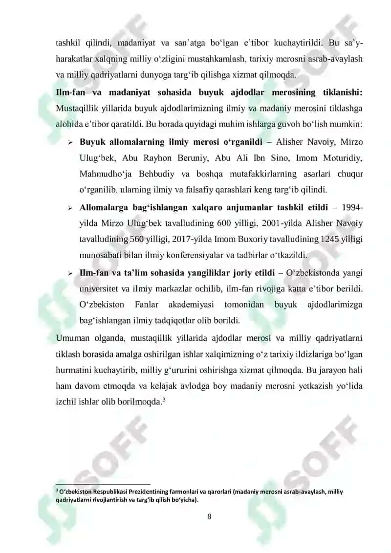 Mustaqillik yillarida ajdodlar merosi va milliy qadriyatlarni tiklash borasidagi amalga oshirilgan ishlar 8