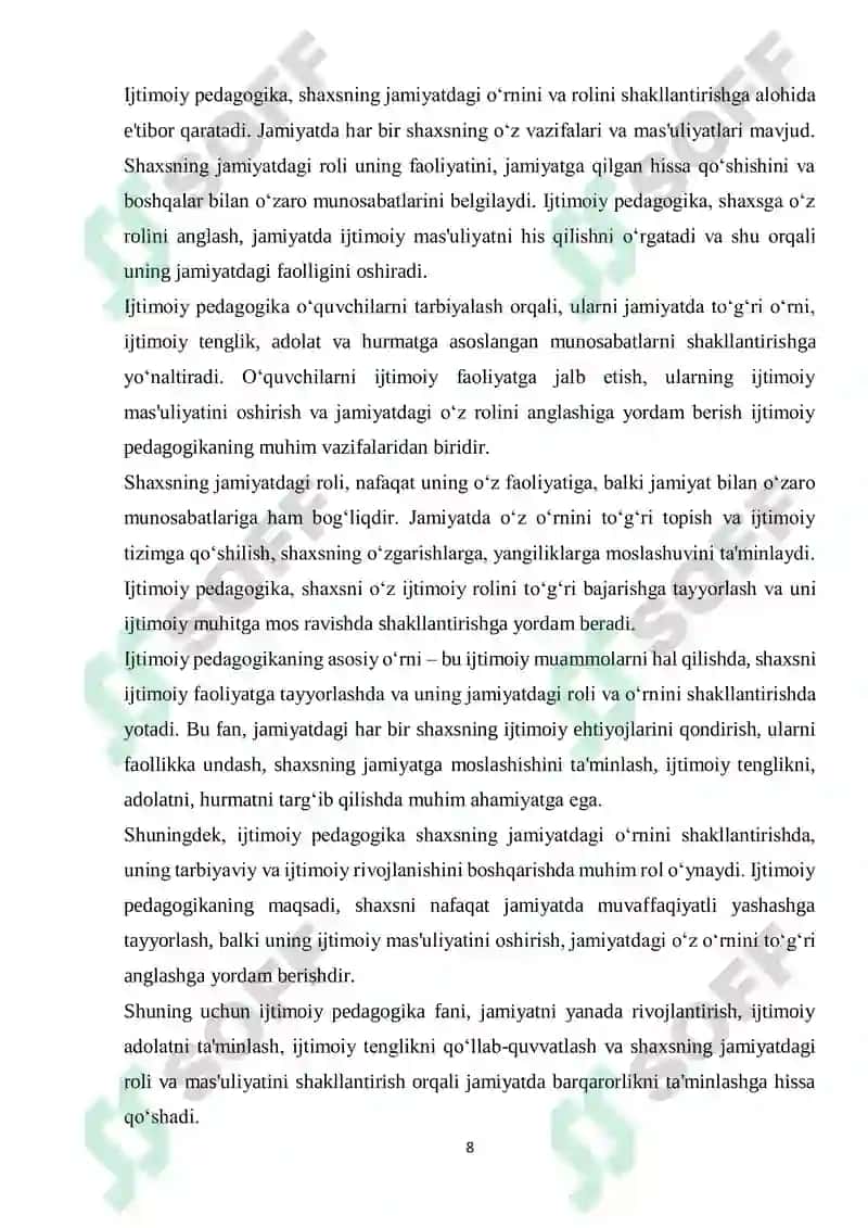 Ijtimoiy Pedagogika Fan va Amaliy Faoliyat Kurs Ishi 8