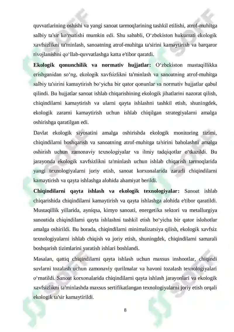 MUSTAQILLIK YILLARIDA QISHLOQ XO‘JALIGI VA SANOAT SOHASIDAGI O‘ZGARISHLAR 8