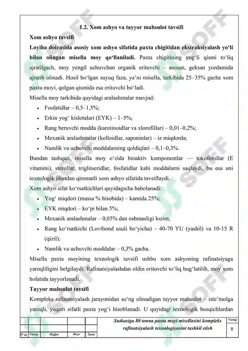 Sutkasiga 80 tonna paxta moyi misellasini kompleks rafinatsiyalash texnologiyasini tashkil etis 8