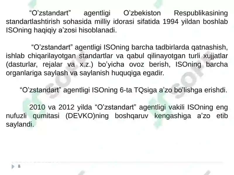 Standartlashtirish va metrologiya bo’yicha xalqaro, mintaqaviy tashkilotlar 8
