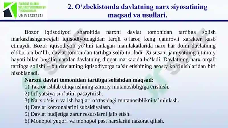Bozor iqtisodiyotida narxning regulyatorlik 
vazifasi va uni davlat tomonidan tartibga solinishi 8