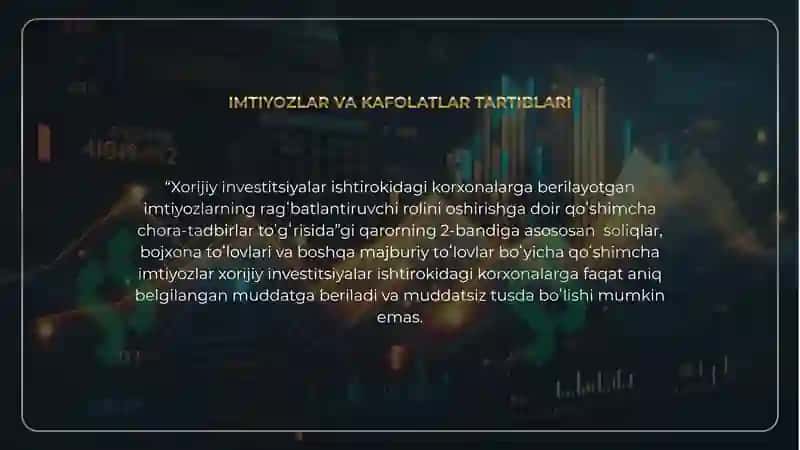 Xorijiy sarmoyadorlar va xorijiy investitsiyalar ishtirokidagi korxonalarga soliq va bojxona imtiyozlari 8