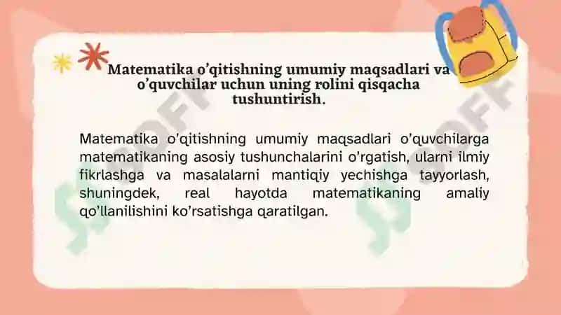 Akademik litseylarning aniq fanlar yo’nalishidagi guruhlarida matematika o’qitishning maqsadi, vazifalari va metodik xususiyatlari 8