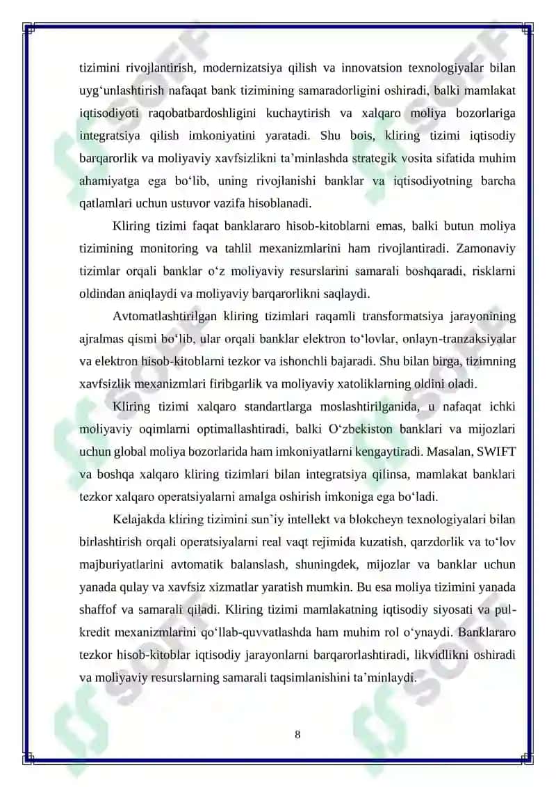 O’zbekistonda avtomatlashtirilgan kliring tizimlarini rivojlantirish yo‘llari 8