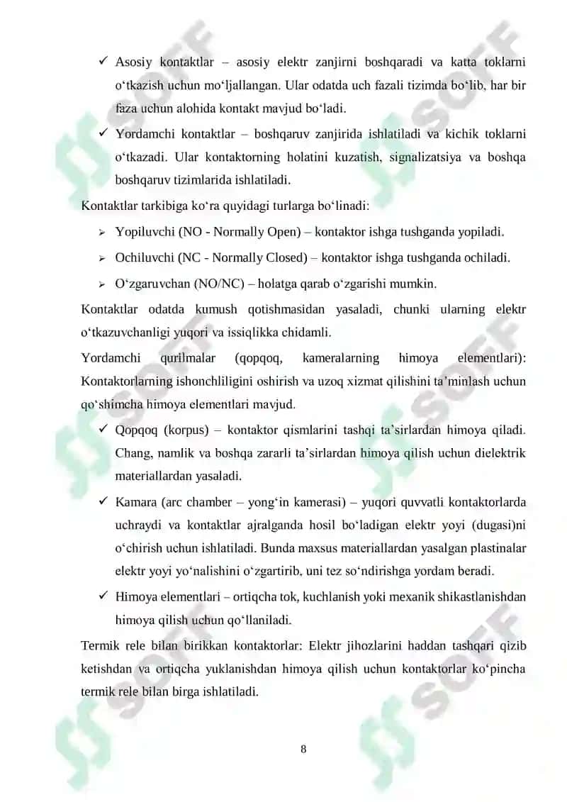 Kontaktorlarni koʻrsatmalar, turlari va tuzilishlari 8