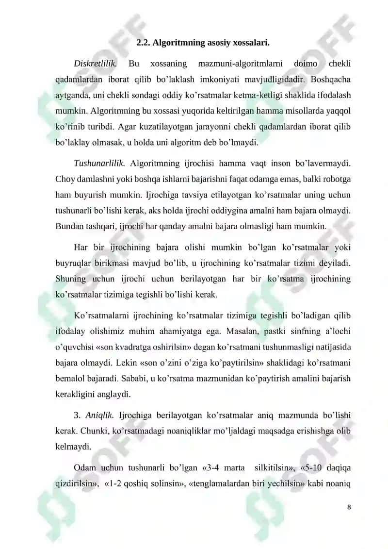 Algoritm tushunchasi va uning xarakterli xususiyatlari 8