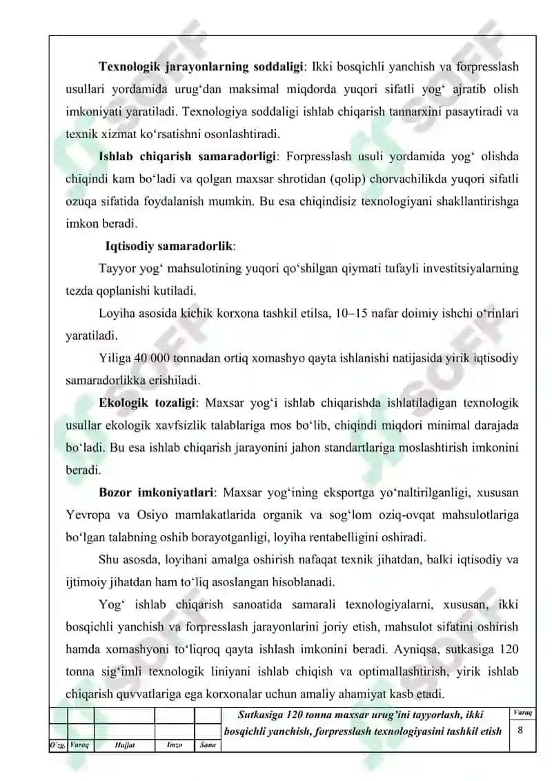 Sutkasiga 120 tonna maxsar urug’ini tayyorlash, ikki bosqichli yanchish, forpresslash texnologiyasini tashkil etis 8