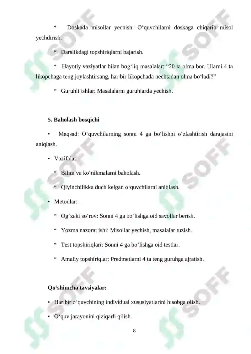 SONNI 4 GA BO‘LISHNI O‘RGATISH METODIKASI 8