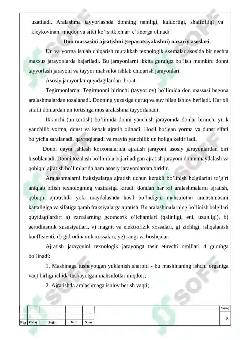 Tegirmonning quvvati 200 t/kun bo’lgan I- navli 75% li un ishlab chiqarish texnologiyasi. (triyer uskunasi) mavzusidagi bitiruv malakaviy ishining 8