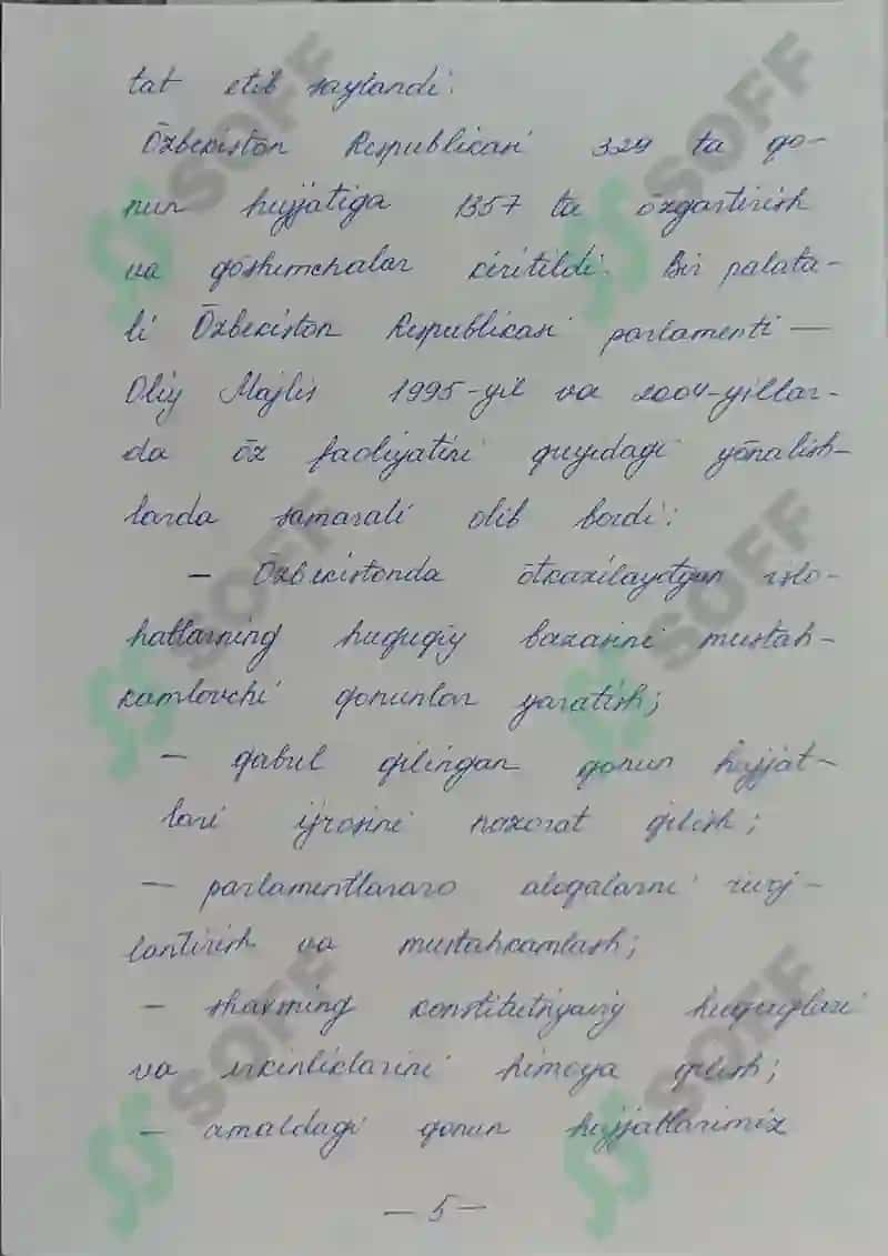 O'zbekiston parlament tizimi va undagi islohatlar Mustaqil ish (javobi) (qo'l yozma) 8