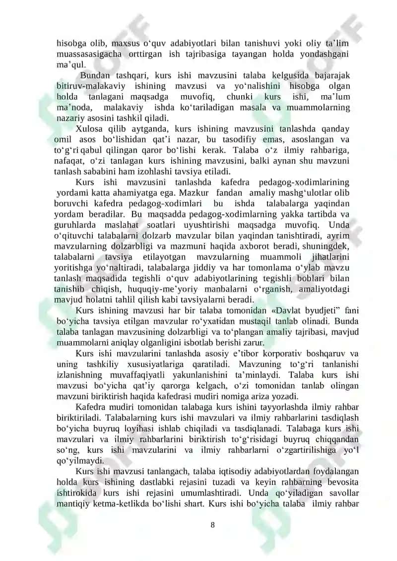 Davlat byudjeti fanidan kurs ishini bajarish boʻyicha uslubiy qoʻllanma 8