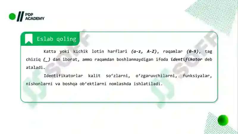 C++ DA MA’LUMOT TURLARI, o‘ZGARUVCHILAR VA LITERALLAR BILAN ISHLASH 8
