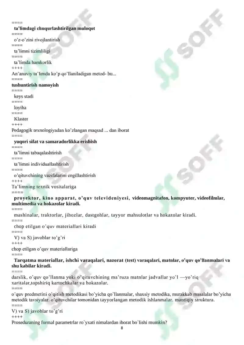 Informatika o’qitish metodikasi testlar javobi bilan 8