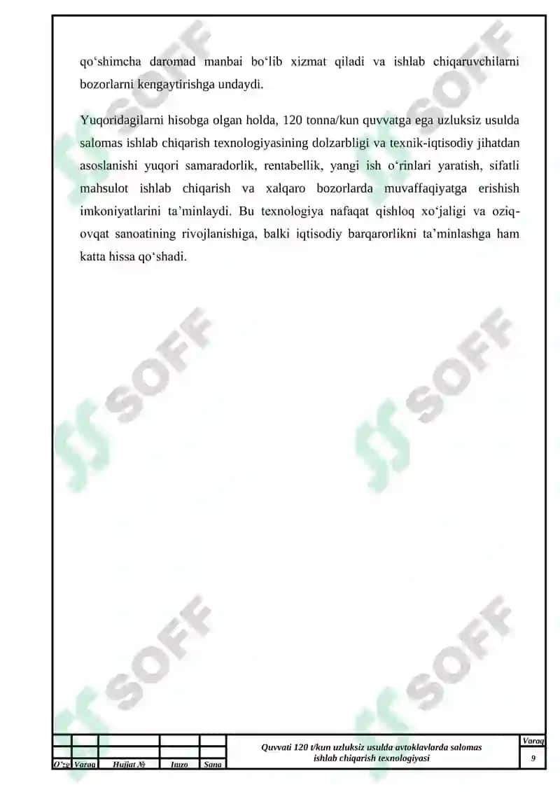 Quvvati 120 t/kun uzluksiz usulda avtoklavlarda salomas ishlab chiqarish texnologiyasi mavzusidagi 8