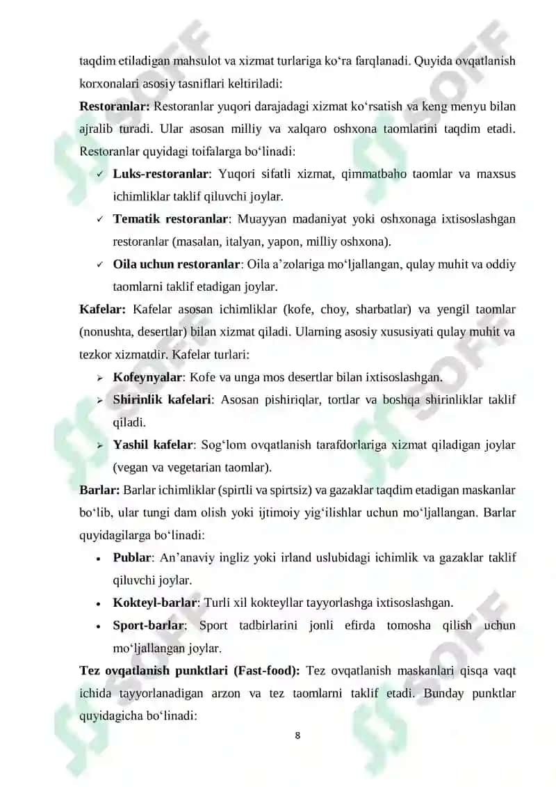 "MEHMONDO‘STLIK INDUSTRIYASIDA OVQATLANISH KORXONALARINING O‘RNI" 8