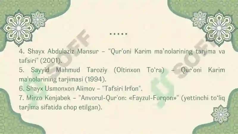 Qur'oni Karimning o'zbek tiliga tarjima qilinishi va tafsirlari 8