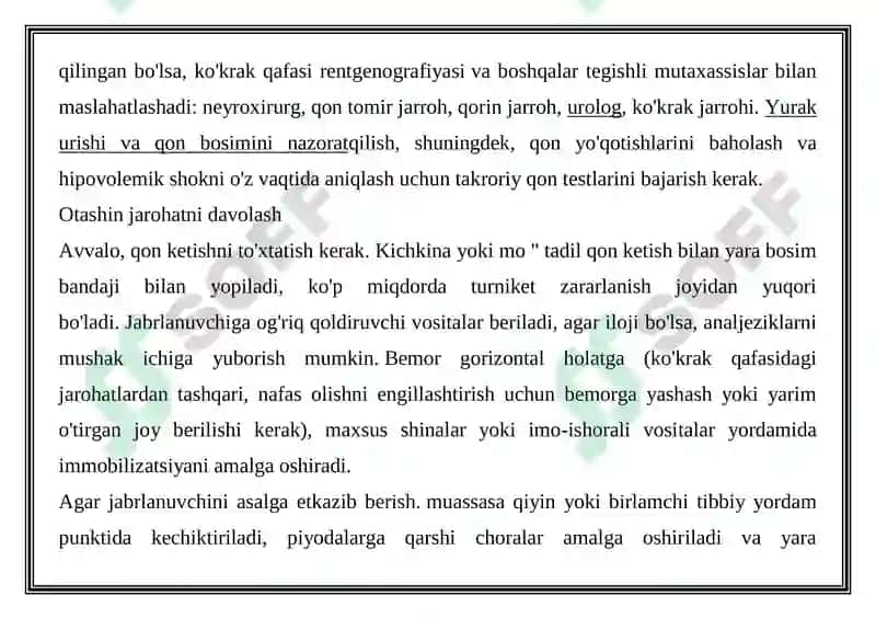 O'Q OTAR JAROHATLARDA ICHKI A'ZOLAR KASALIKLARINING PAYDO BO'LISHI. KECHISHI VA DIAGNOSTIKASI 8