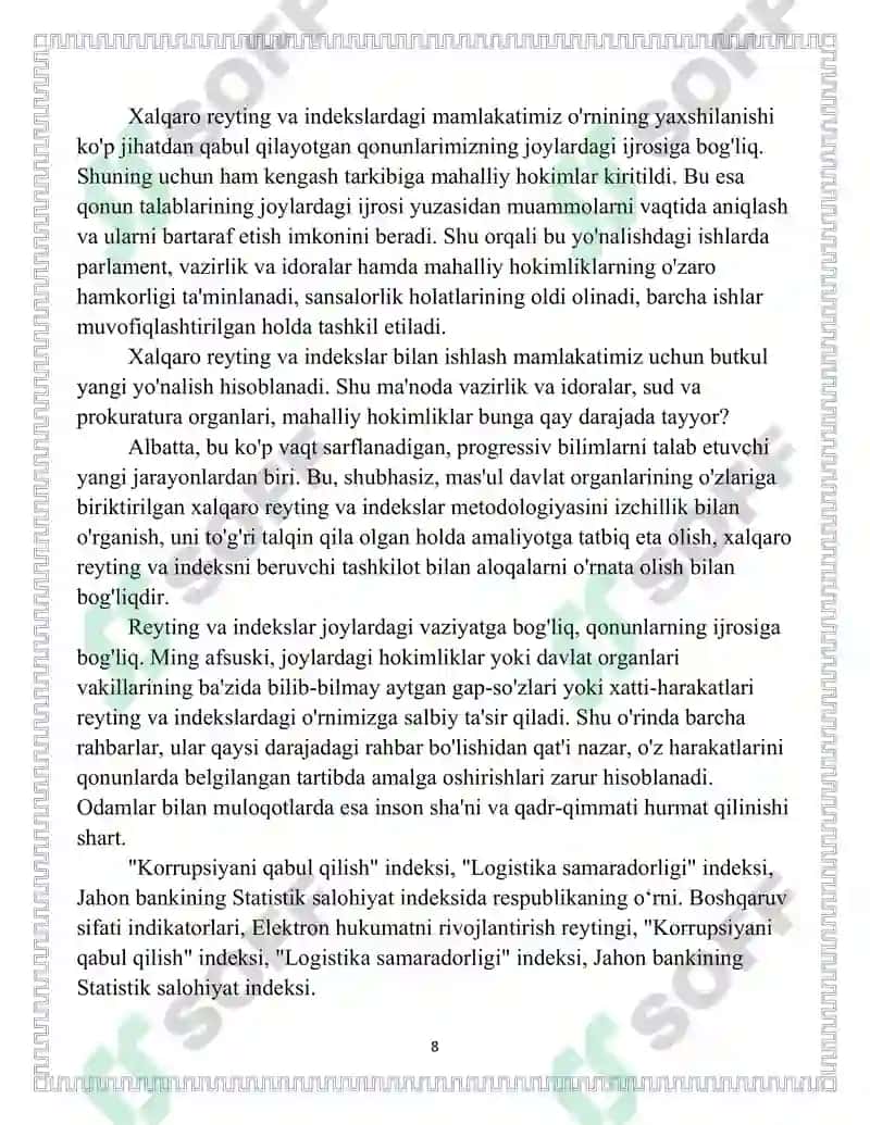 O'ZBEKISTON RESPUBLIKASI UCHUN USTUVOR BO'LGAN XALQARO REYTING VA INDEKSLAR BO'YICHA SAMARADORLIKNING ENG MUHIM KO'RSATKICHLARINI OSHIRISH BORASIDA OLIB BORILAYOTGAN CHORA-TADBIRLAR 8