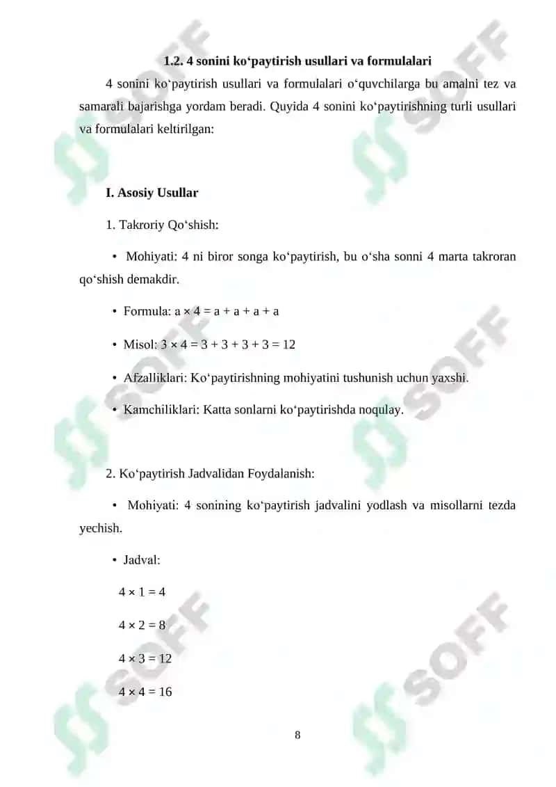 "4 SONINI KO‘PAYTIRISH VA 4 GA KO‘PAYTIRISHNI O‘RGATISH METODIKASI" 8