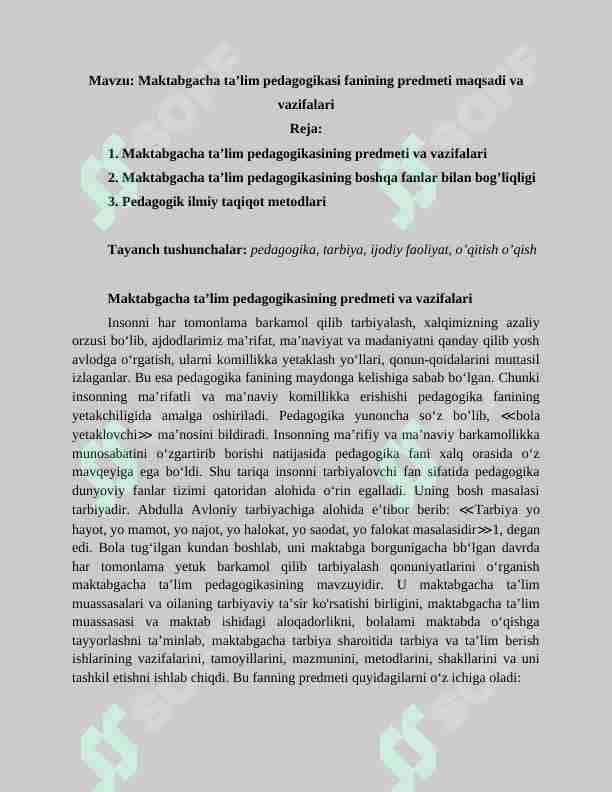Maktabgacha ta'lim pedagogikasi fanining predmeti maqsadi va vazifalari
