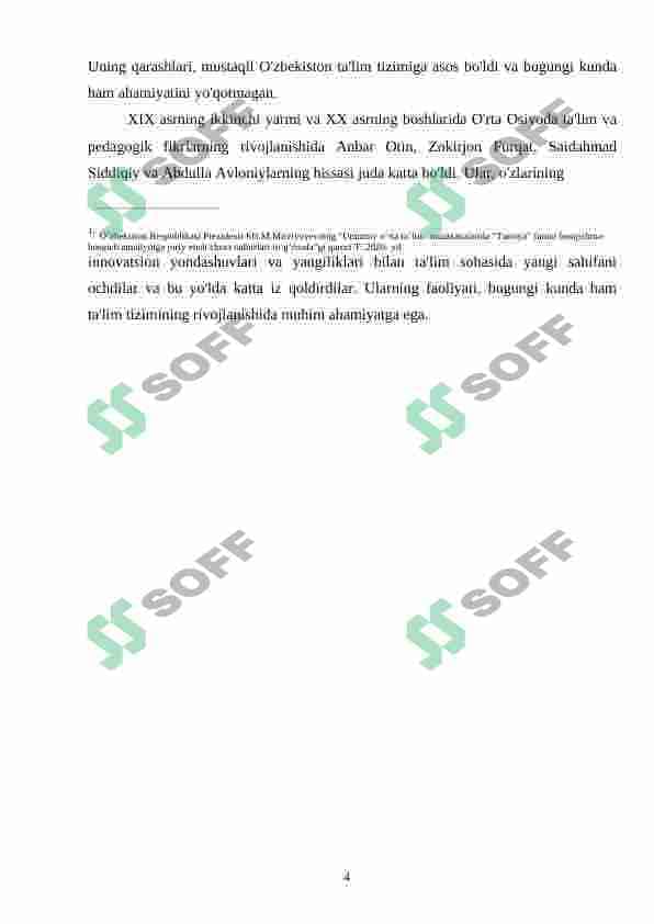 XIX asrning ikkinchi yarmi va XX asr boshlarida ta'lim va pedagogik fikrlar (Anbar otin, Furqat, Saidahmad Siddiqiy, Abdulla Avloniylarning ta'lim-tarbiya taraqqiyotida tutgan o'rni) 4