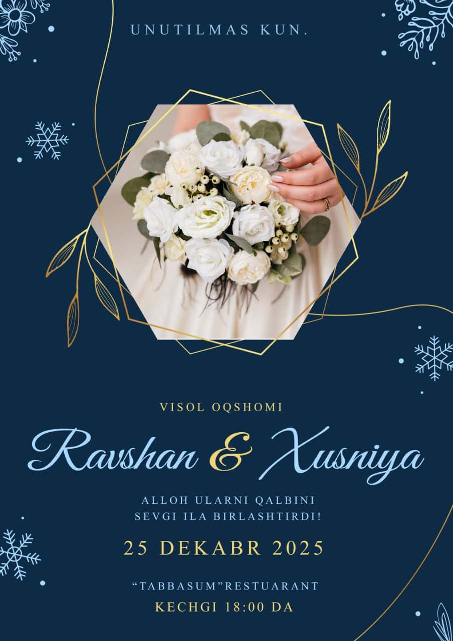 🌿 Nikoh Taklifnomasi — "Ravshan & Xusniya" PSD Shablon 1
