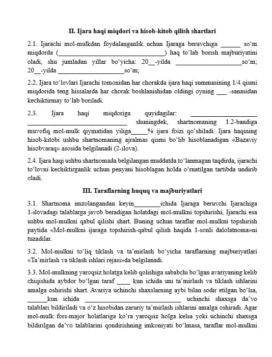 Ijara shartnomasi (Davlat tilida ish yuritish me'yorlari asosida) 2