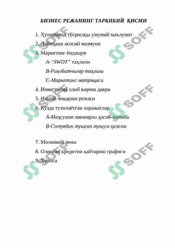 Biznes Reja Poyabzal bo'yicha reja 2