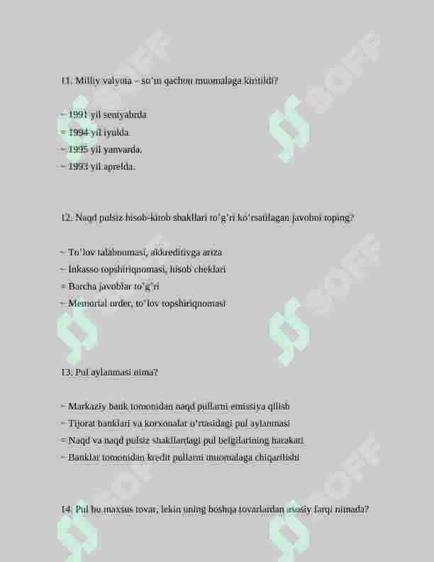 pul va banklar fanidan 100 talik test javoblari bilan 4