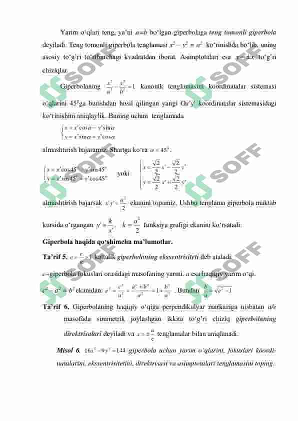IKKINCHI TARTIBLI CHIZIQLAR:GIPERBOLA,PARABOLA, VA ULARNING KANONIK TENGLAMASI,IKKINCHI TARTIBLICHIZIQLARNI KLASSIFIKATSIYALASH 4