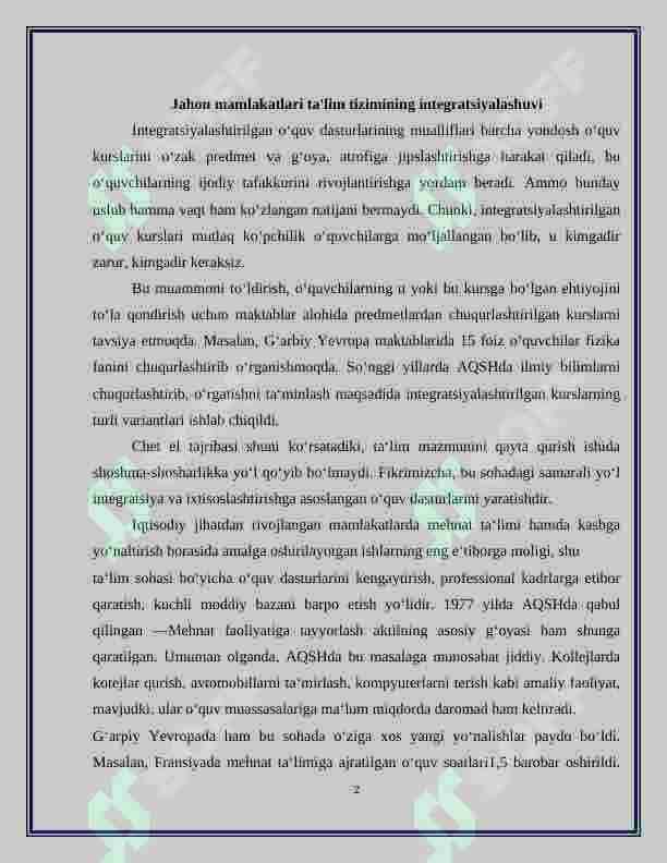 Jahon mamlakatlari ta'lim tizimining integratsiyalashuvi 2