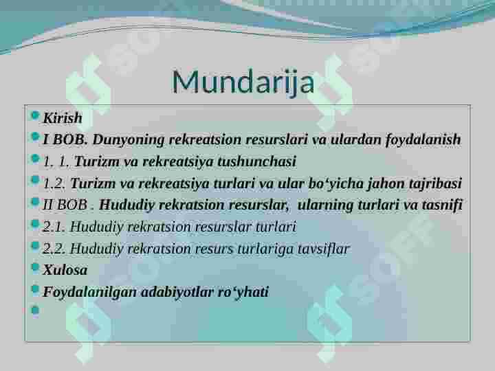 Jahon Rekratsion resurslari ularning turlari va mintaqalar bo'yicha taqsimlanishi 2