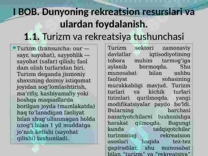 Jahon Rekratsion resurslari ularning turlari va mintaqalar bo'yicha taqsimlanishi 5