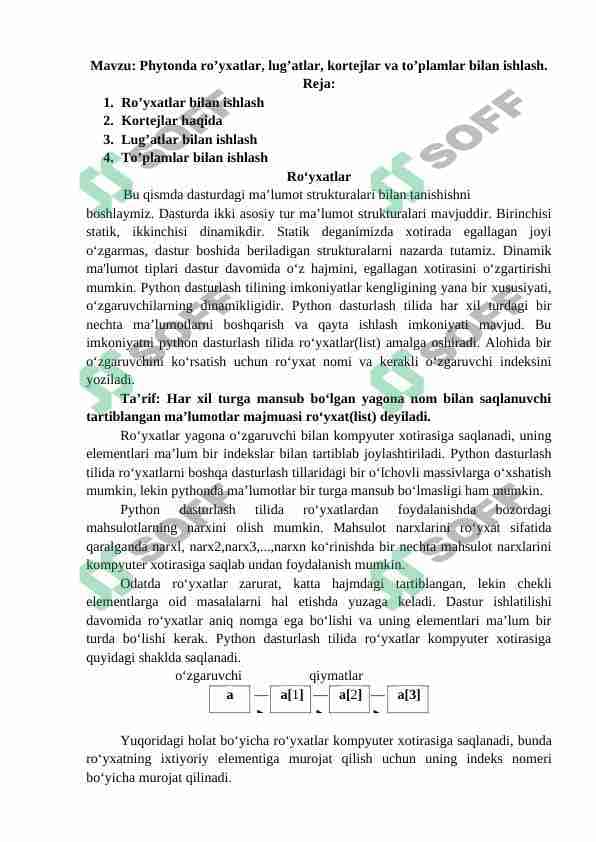 phytonda ro'yxat, kortej, lug'at to'plamlar bilan ishlash